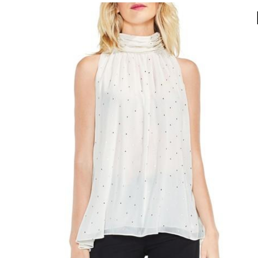 Vince Camuto Gilded Diamond Print Mock Neck Blouse In Pearl Ivory/Gold - Picture 2 of 7